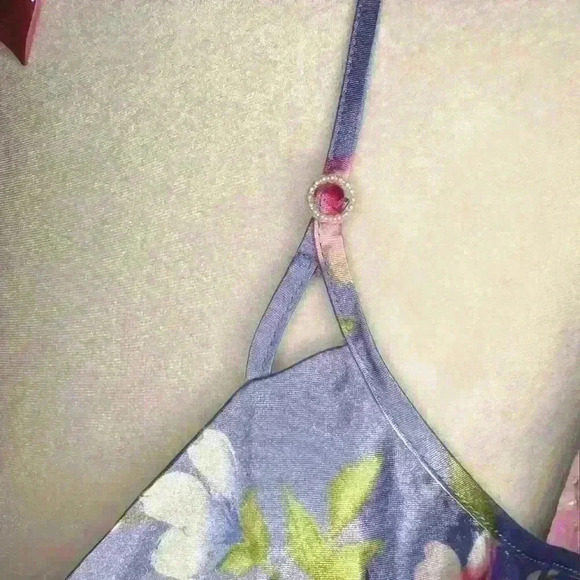 Y2K 90s Sand Blue Floral Satin Midi Slip Dress By LA Intimates - Picture 9 of 9